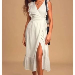Lulu's Something to See White Striped Ruffled Wrap Midi Dress L